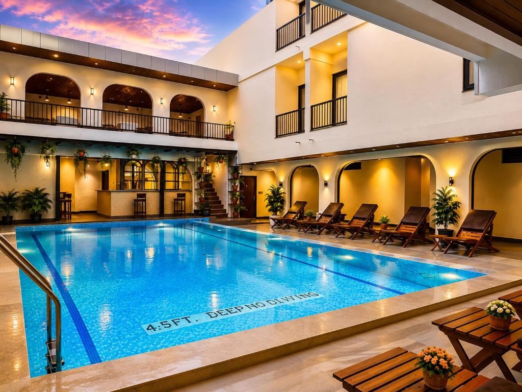 Hotel Lumen courtyard swimming pool, wooden loungers and illuminated hotel at sunset